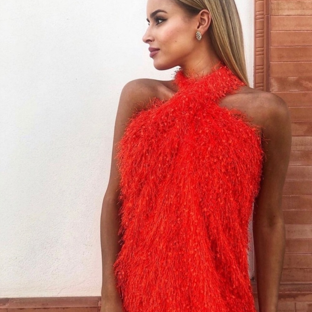 ✖️SOLD✖️ Zara orange fringe halter mini dress - Picture 2 of 8